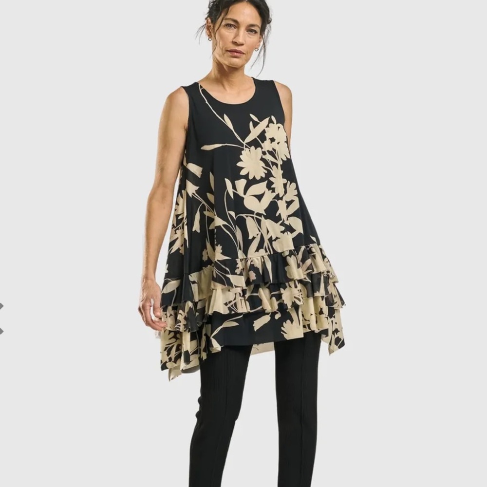 Alembika Goldfinch Floral Sleeveless Top Black Cream Ruffles Size 0 | US 4-6 NWT
